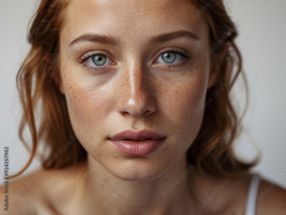 Close-up Portrait of a Young Woman with Freckles and Green Eyes Close-up Portrait of a Young Woman with Freckles and Green Eyes