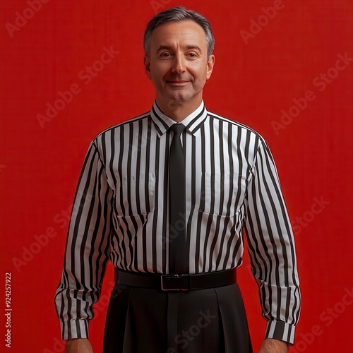 A man in a striped shirt and a black tie smiles at the camera