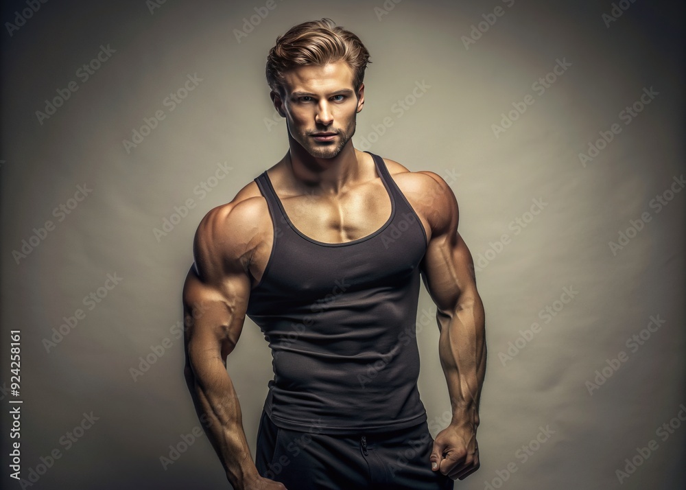 Strong and confident male model with chiseled physique and well-defined abs posing in a black tank top against a neutral background. Strong and confident male model with chiseled physique and well-defined abs posing in a black tank top against a neutral background.