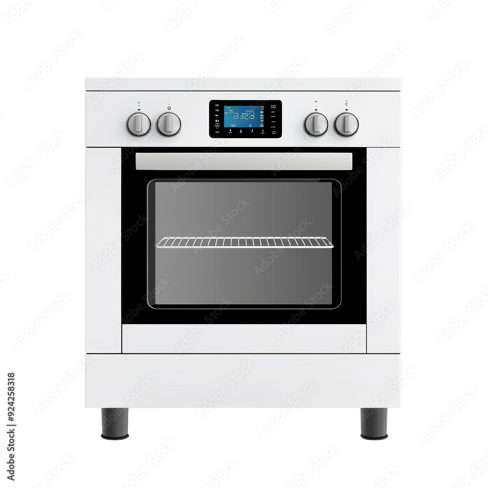 White electric oven with stovetop and digital display, isolated on a transparent background. White electric oven with stovetop and digital display, isolated on a transparent background.