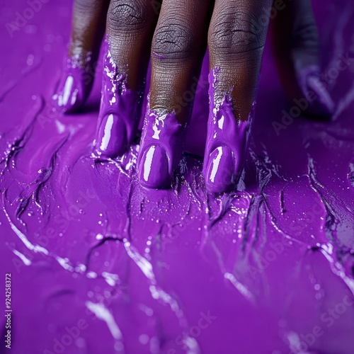Close-up of a hand submerged in vibrant purple paint