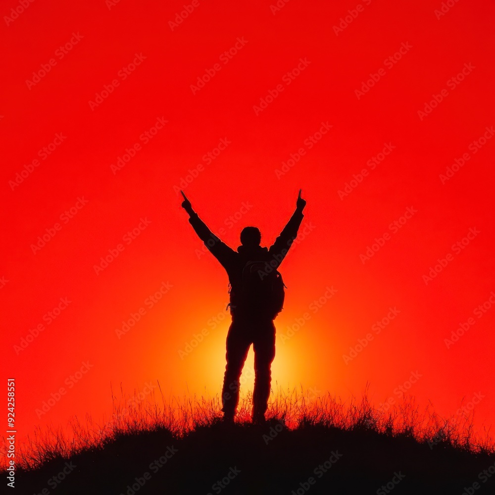 Silhouette of a hiker with arms raised against a fiery sunset Silhouette of a hiker with arms raised against a fiery sunset