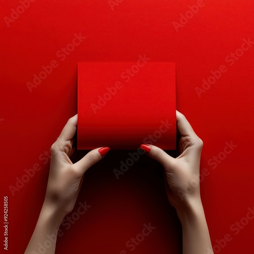 Hands holding a blank square card against a solid background