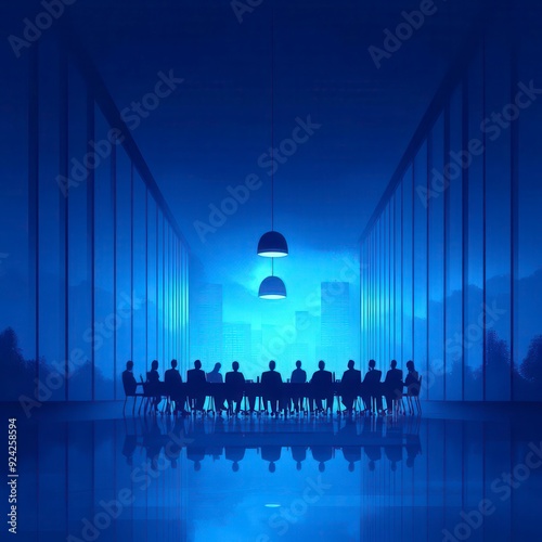 Silhouetted business people in a conference room with a city view