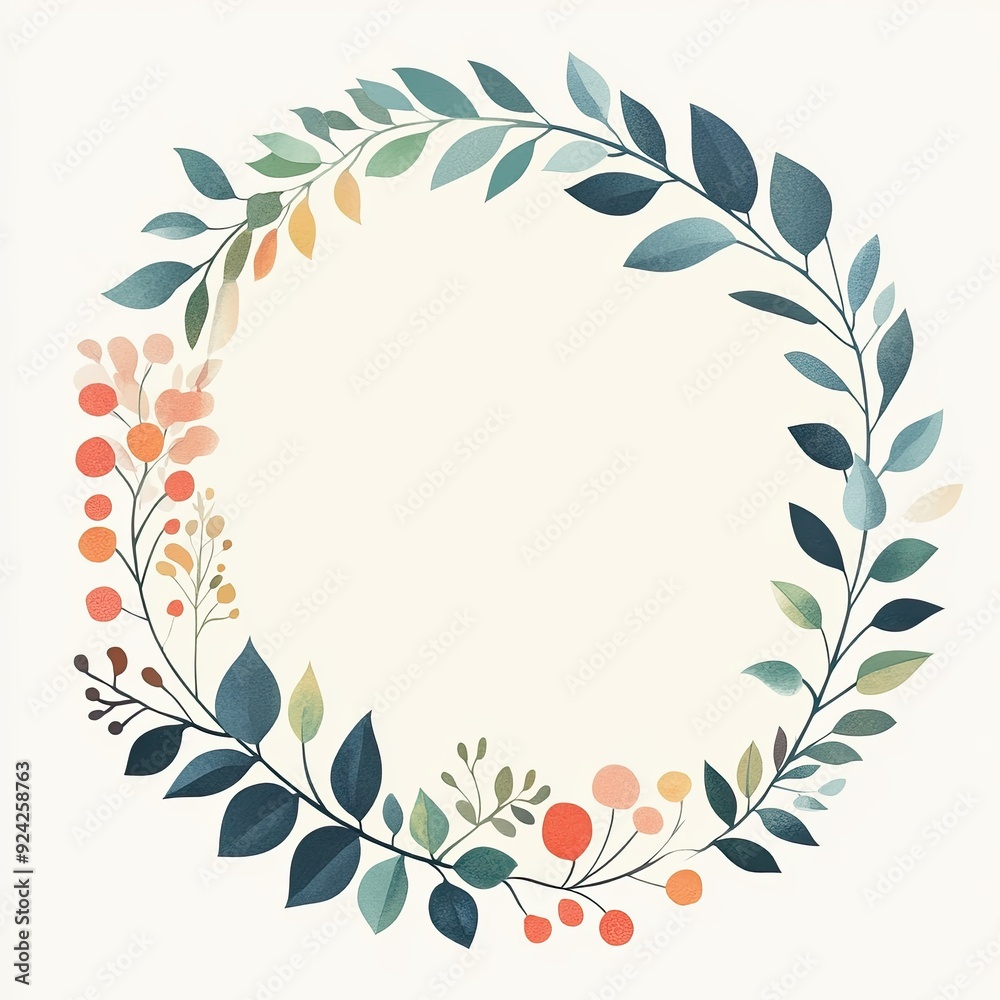A illustration featuring an empty circle with a border of simple watercolor foliage and flowers. The cream-colored background contrasts with the colorful leaves. A illustration featuring an empty circle with a border of simple watercolor foliage and flowers. The cream-colored background contrasts with the colorful leaves.