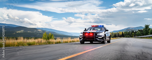 A police car with flashing lights driving down an open highway, set against a scenic landscape of mountains and open fields.