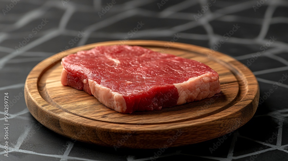 Close-up of a raw beef steak placed on a wooden plate with a dark, patterned background, ideal for food preparation visuals. Close-up of a raw beef steak placed on a wooden plate with a dark, patterned background, ideal for food preparation visuals.
