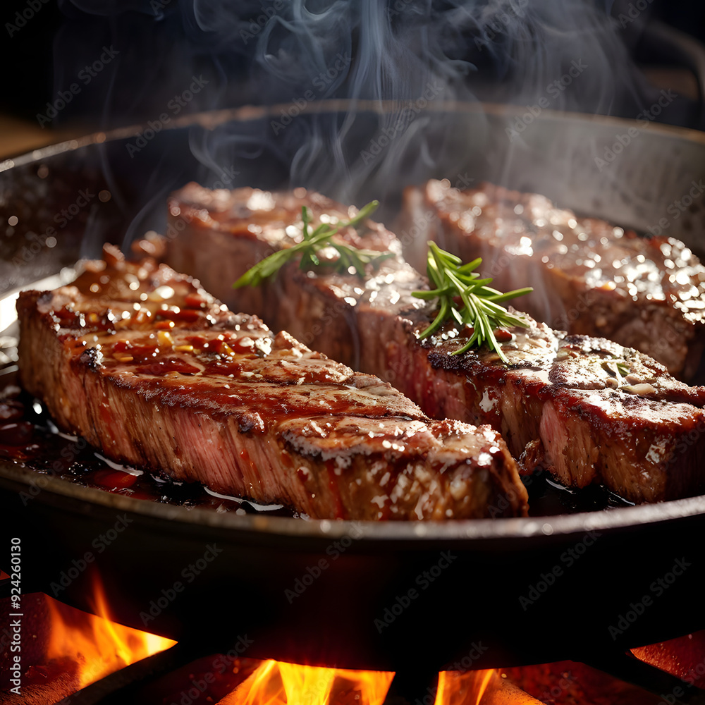 Cooked black angus prime beef ribeye steak on cast iron grilling pan with herbs, butter and spices
