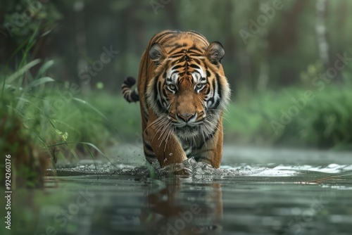 Amur tiger walking in the water. Dangerous animal. Animal in a green forest stream