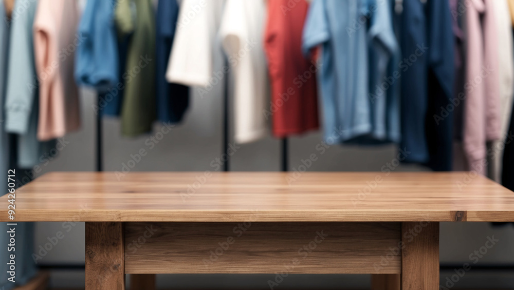 Fototapeta premium Wooden empty table mockup with bokeh clothes rack background