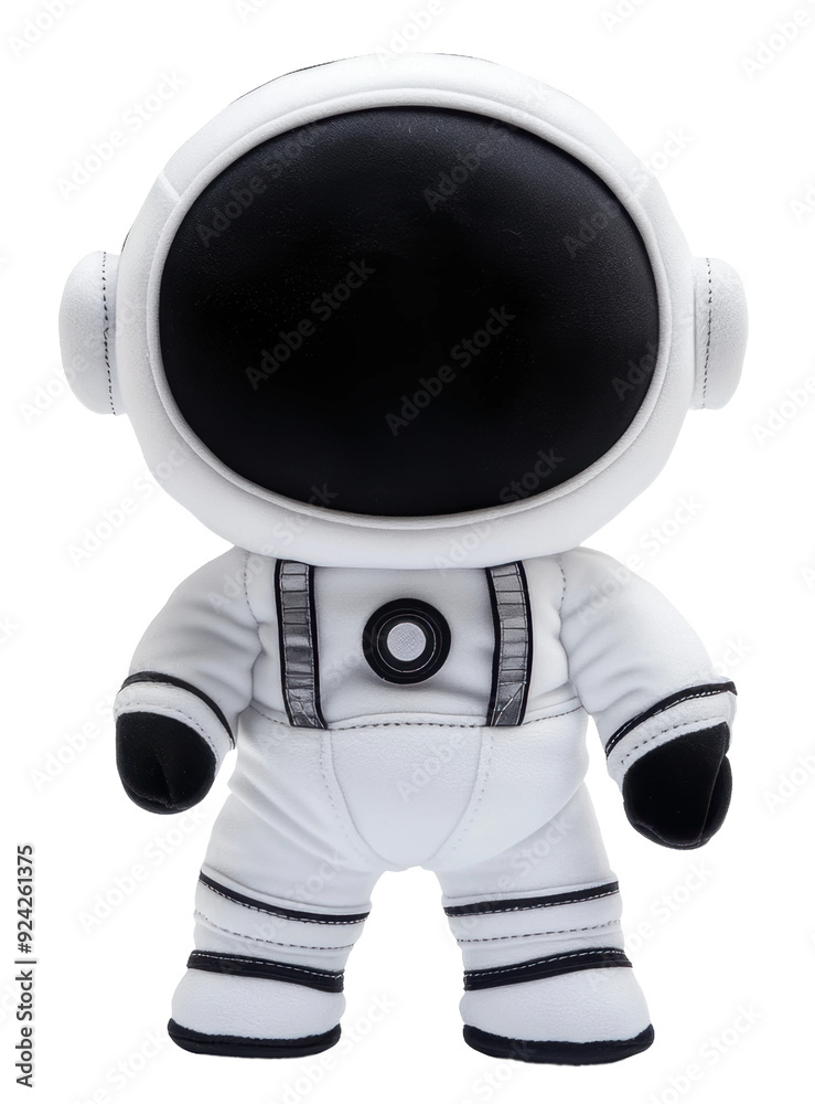 Cute plush astronaut toy in a white space suit, featuring a black helmet and simple design, perfect for children's rooms, gifts, or space-themed decor, cut out - stock png.