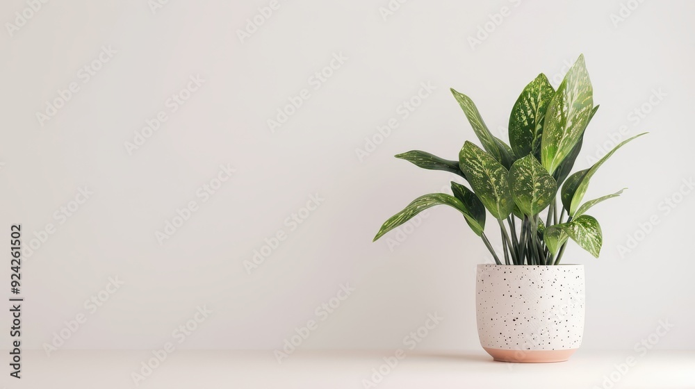 Fototapeta premium A potted plant with variegated leaves on a white surface