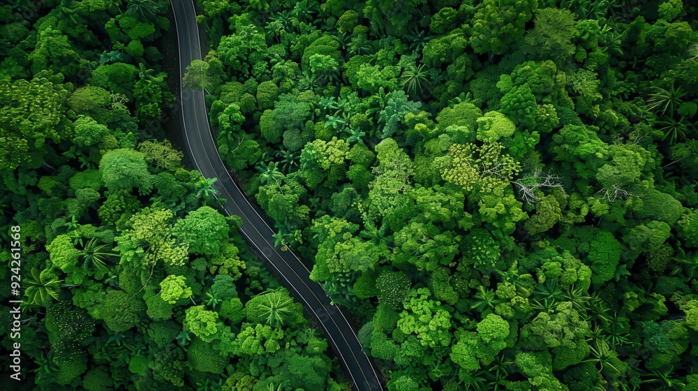 Aerial View of a Winding Road Through a Lush Green Forest