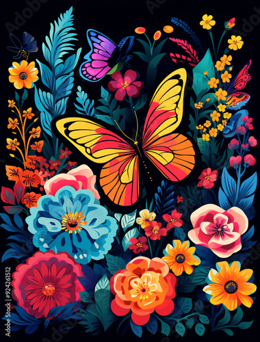 A vibrant vector illustration of colorful flowers and butterflies, set against a dark background