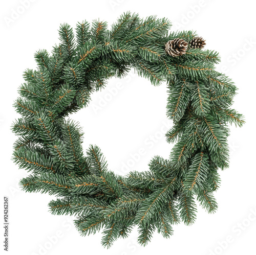 Festive evergreen wreath adorned with pinecones for seasonal decoration, cut out - stock png. photo