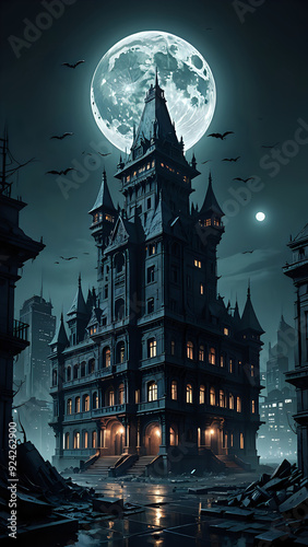 halloween night with castle and moon
