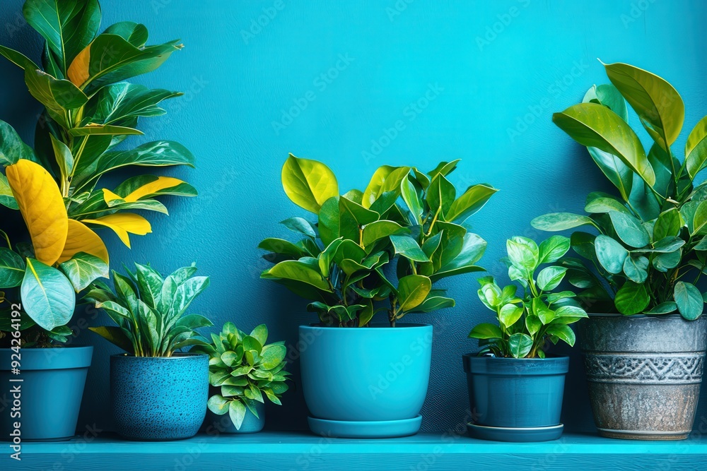 Fototapeta premium Blue Potted Plants on Shelf: A vibrant arrangement of potted plants in various shades of green, showcasing their lush foliage against a striking blue background. The plants are displayed on a shelf, c