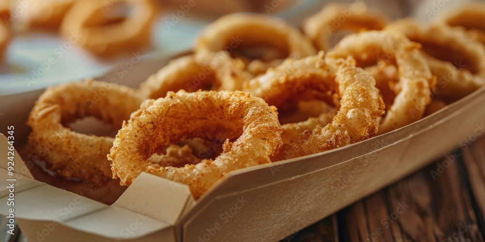 Texture of crispy onion rings in a cardboard boat for on the go eating Texture of crispy onion rings in a cardboard boat for on the go eating