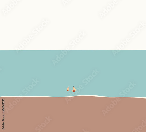 Boys playing on the beach during summer holidays vacations at seaside running into the water. Tropical island resort.