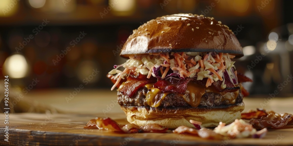 Brioche Bun Cheeseburger with Bacon Gourmet Cheese and Coleslaw Brioche Bun Cheeseburger with Bacon Gourmet Cheese and Coleslaw