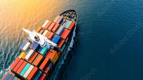 Aerial View of Cargo Ship with Colorful Containers Sailing on Blue Ocean