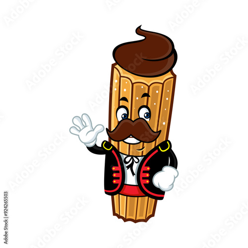 Cartoon churro character with chocolate dipping sauce, wearing a traditional Spanish outfit.