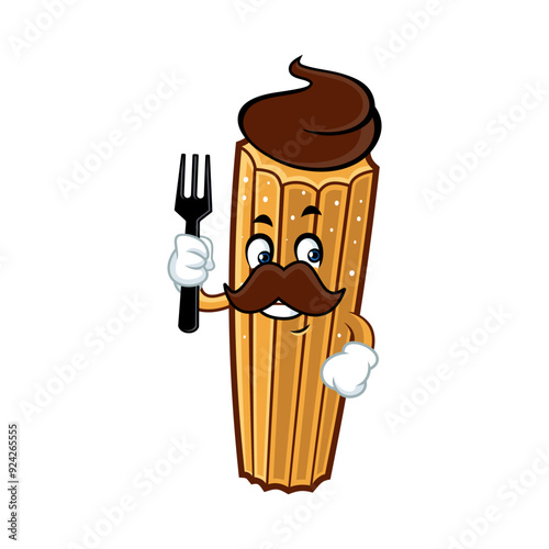 Cartoon churro with chocolate dipping sauce holding a fork. 