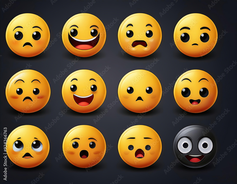 Emoticon, Yellow emoji character vector set on a black background. Facial expression