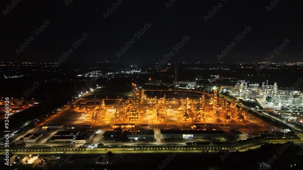 High angle view of industrial plant with pipes and tanks for mixing chemicals and gases at night. High angle view of industrial plant with pipes and tanks for mixing chemicals and gases at night.