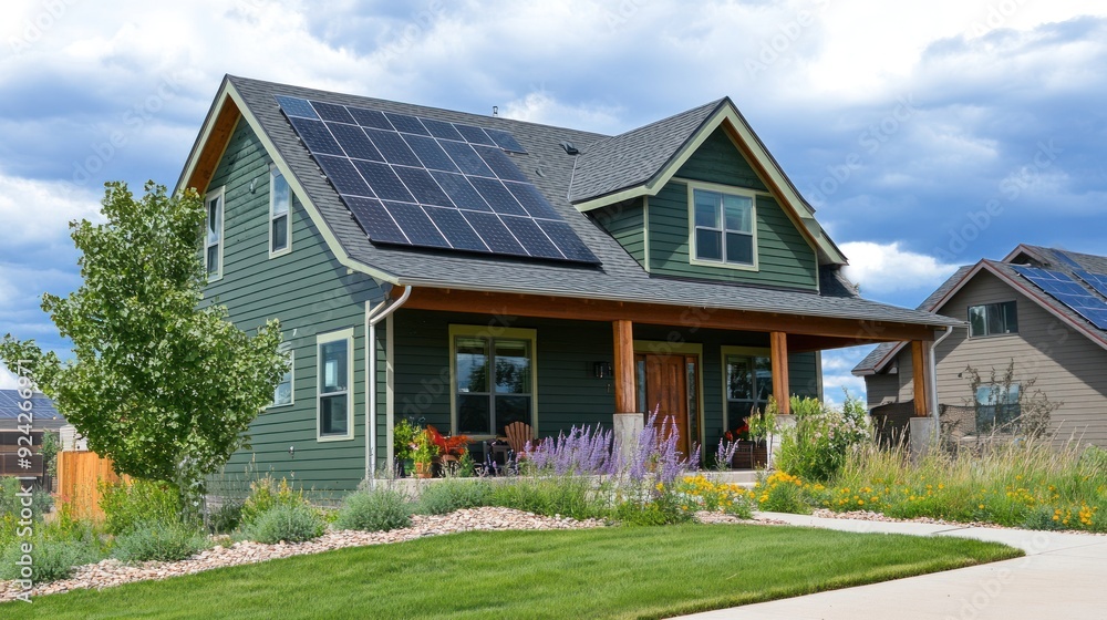 A green house with a porch and solar panels on the roof. The house has a grassy lawn and landscaping with a walkway to the street. A green house with a porch and solar panels on the roof. The house has a grassy lawn and landscaping with a walkway to the street.
