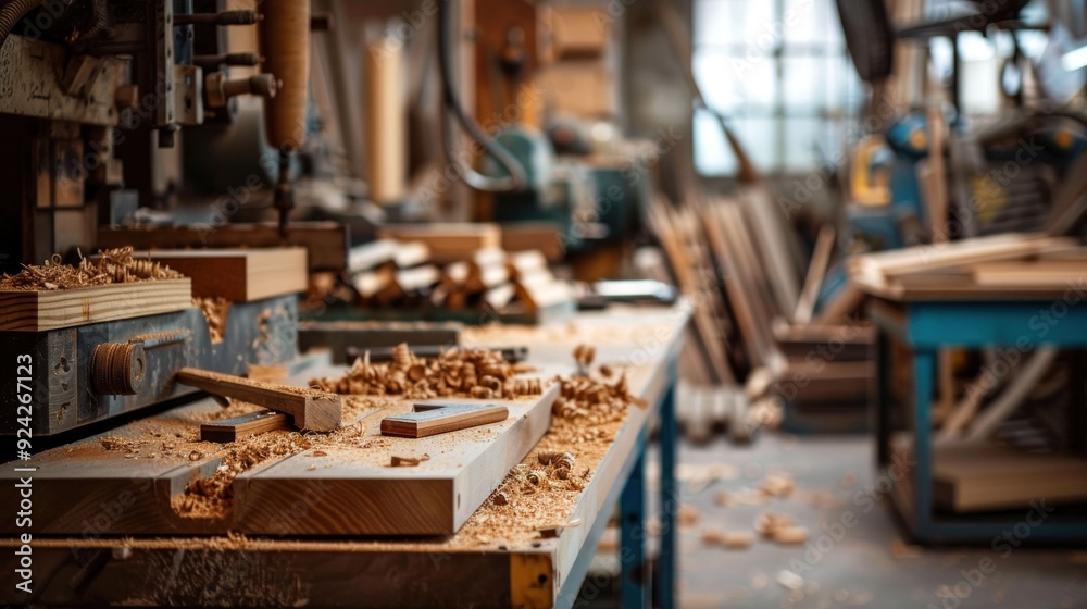 Woodworking tools and equipment spread out on table in workshop for artistic creations and business use Woodworking tools and equipment spread out on table in workshop for artistic creations and business use