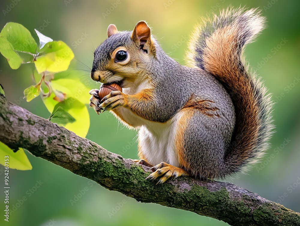 Curious Grey Squirrel Perched on Oak Branch Enjoying an Acorn, Nature's Delicacy. Wildlife and Forest Habitat in a Serene Setting.