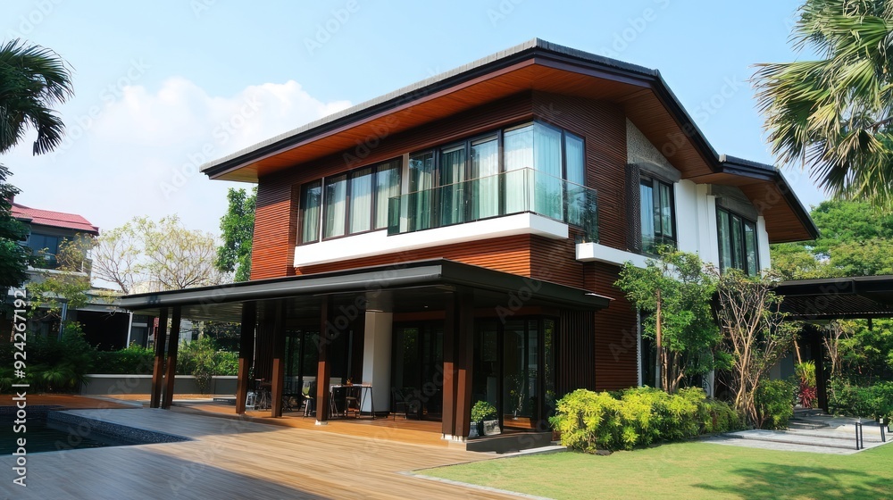 Modern wooden house with a swimming pool in a lush tropical garden. Modern wooden house with a swimming pool in a lush tropical garden.