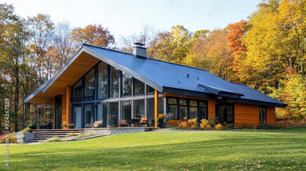 Modern home with large windows and a blue metal roof surrounded by autumn trees. Modern home with large windows and a blue metal roof surrounded by autumn trees.