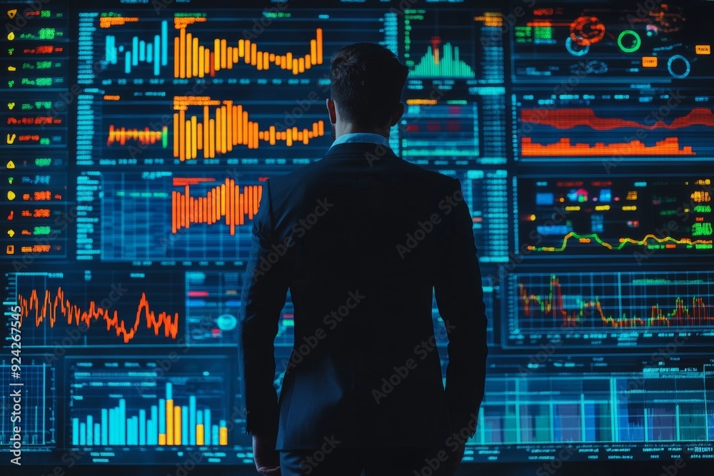 Man monitors real time data analytics on multiple screens in a high tech network operations center Man monitors real time data analytics on multiple screens in a high tech network operations center