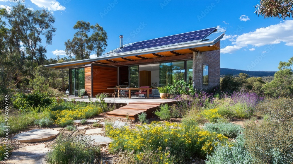 Modern cabin with solar panels on the roof and a stone walkway surrounded by lush vegetation. Modern cabin with solar panels on the roof and a stone walkway surrounded by lush vegetation.