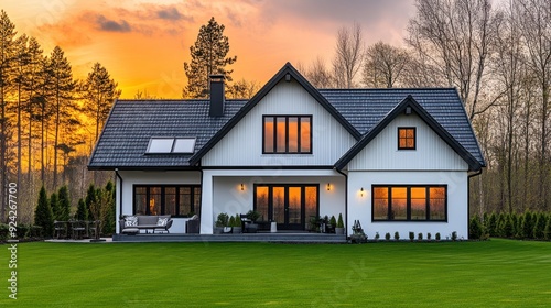 Modern white house with black trim and large windows, set against a colorful sunset and lush green lawn.