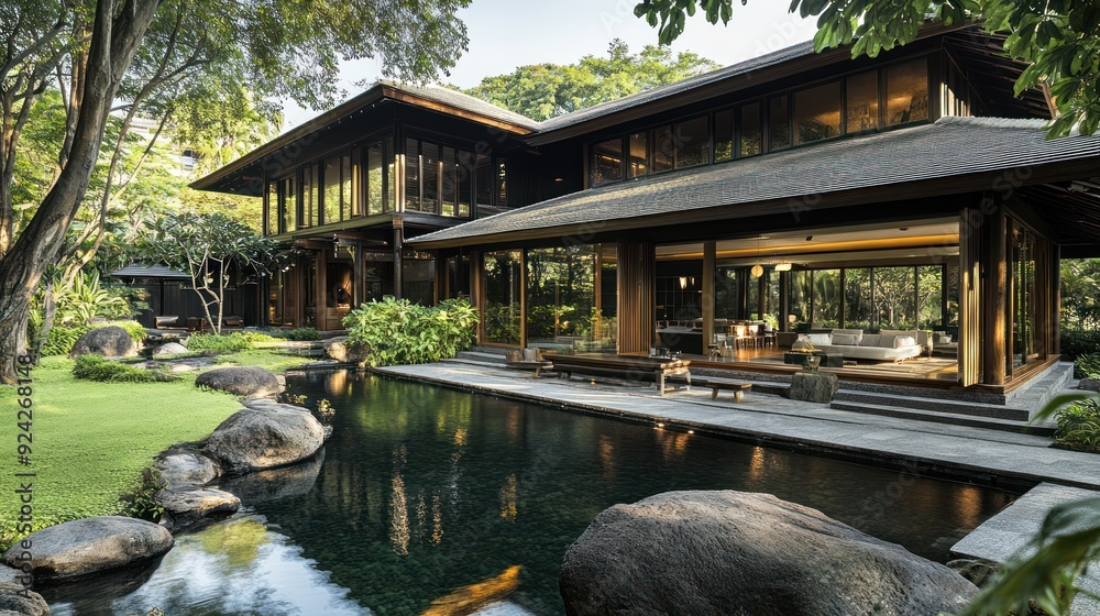 Modern zen house with a reflection pool and a lush green garden. Modern zen house with a reflection pool and a lush green garden.
