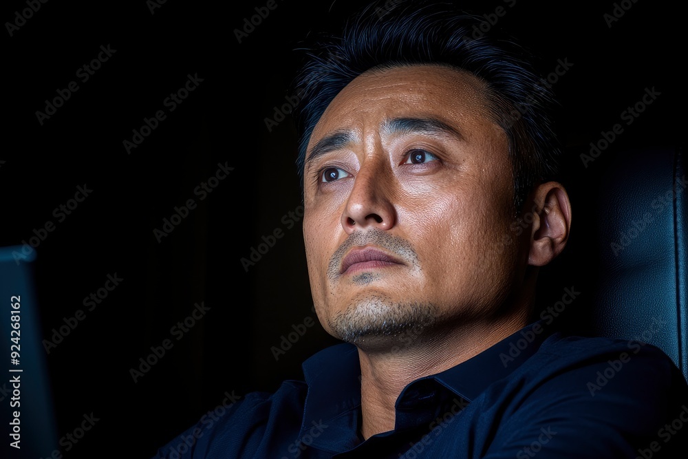 Asian White-Collar Worker, Working Late At Night, Office Dimly Lit Asian White-Collar Worker, Working Late At Night, Office Dimly Lit