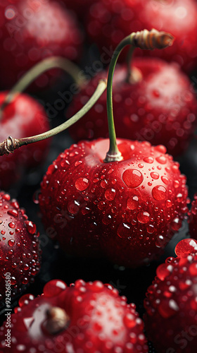 Fresh ripe cherries with water drops on a dark background
