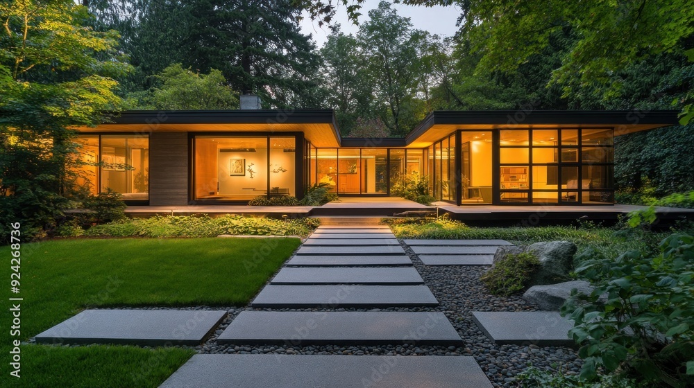 Modern home with large windows and a stone walkway leading to the front door. Modern home with large windows and a stone walkway leading to the front door.