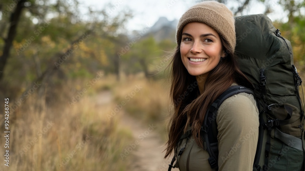 portrait of a mid 20's female in hiking gear on a trail portrait of a mid 20's female in hiking gear on a trail