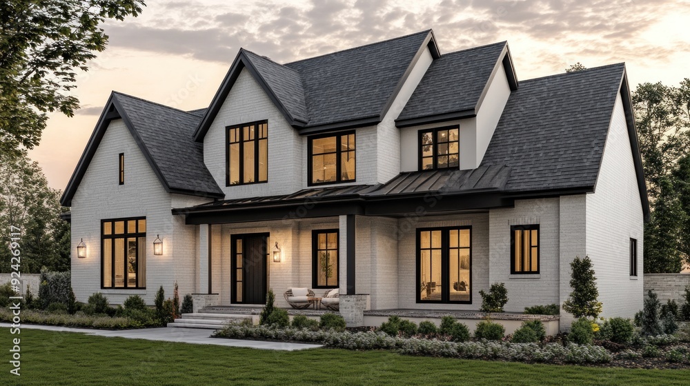 Modern brick house with black accents and a large front porch.