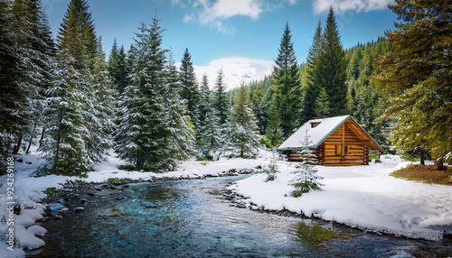 Beautiful cozy mountain cabin by a stream river