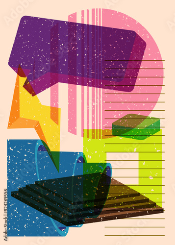 Risograph Speech Bubble with geometric shapes. Objects in busy riso graph print texture style design with geometry elements.
