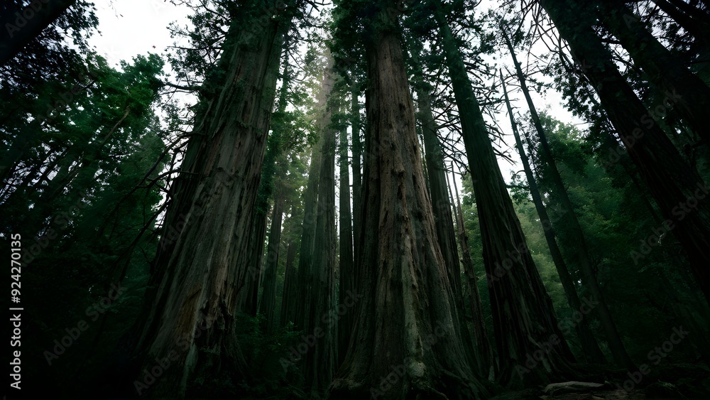 image of a deep, dark forest with ancient, towering trees. Capture the mysterious atmosphere with twisted branches casting eerie shadows on the forest floor. Evoke a sense of solitude and intrigue