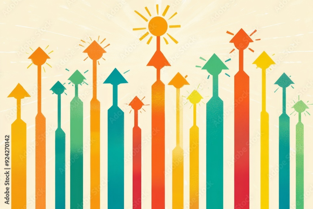Colorful arrows pointing upwards representing growth progress and successful strategies in various sectors Colorful arrows pointing upwards representing growth progress and successful strategies in various sectors