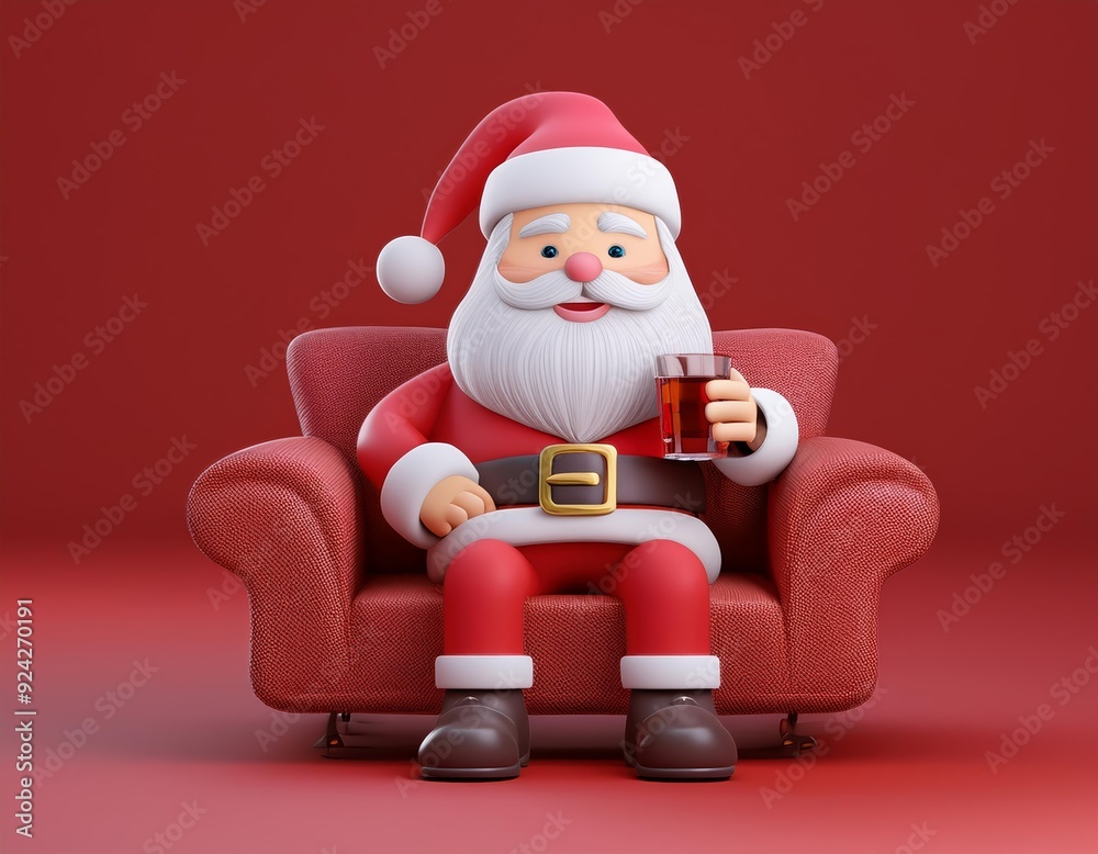 3D Santa Claus relaxes in a red armchair with a glass of eggnog in his hand, 3D illustration 3D Santa Claus relaxes in a red armchair with a glass of eggnog in his hand, 3D illustration