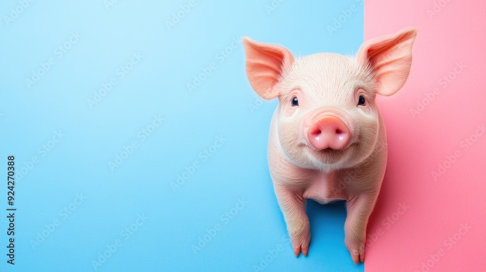 Cute piglet looking up from a split blue and pink background. Cute piglet looking up from a split blue and pink background.