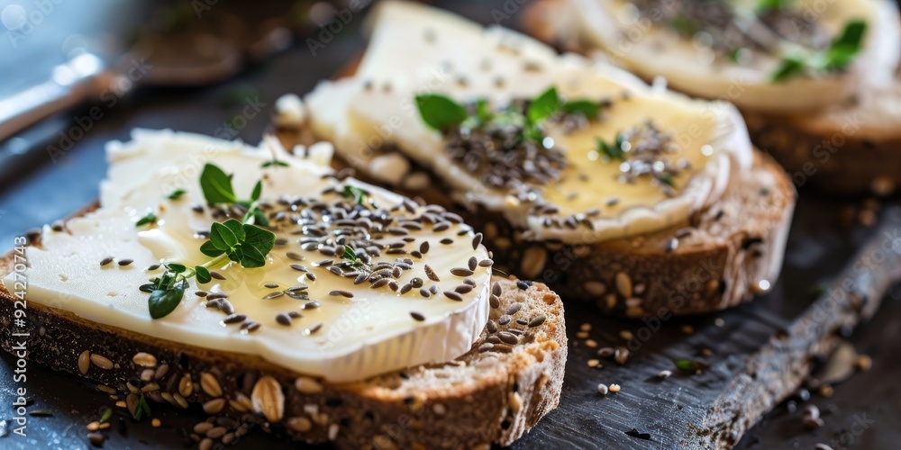Close up of Chaource cheese on top of seeded bread with a knife Close up of Chaource cheese on top of seeded bread with a knife